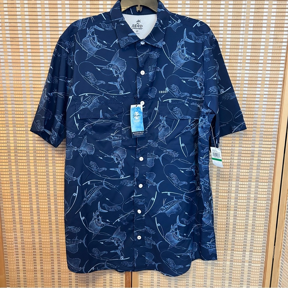 Izod Saltwater Blue Fish Shirt Mens Large Tall UPF 45 NWT